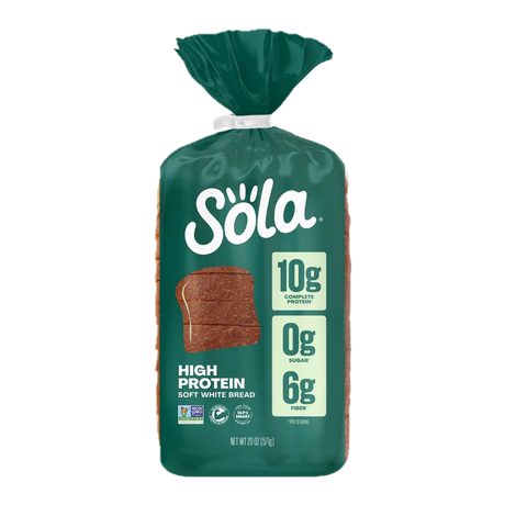 A green package of Sola high protein soft white bread displays nutritional highlights, including 10 grams of complete protein, 0 grams of sugar, and 6 grams of fiber per serving.