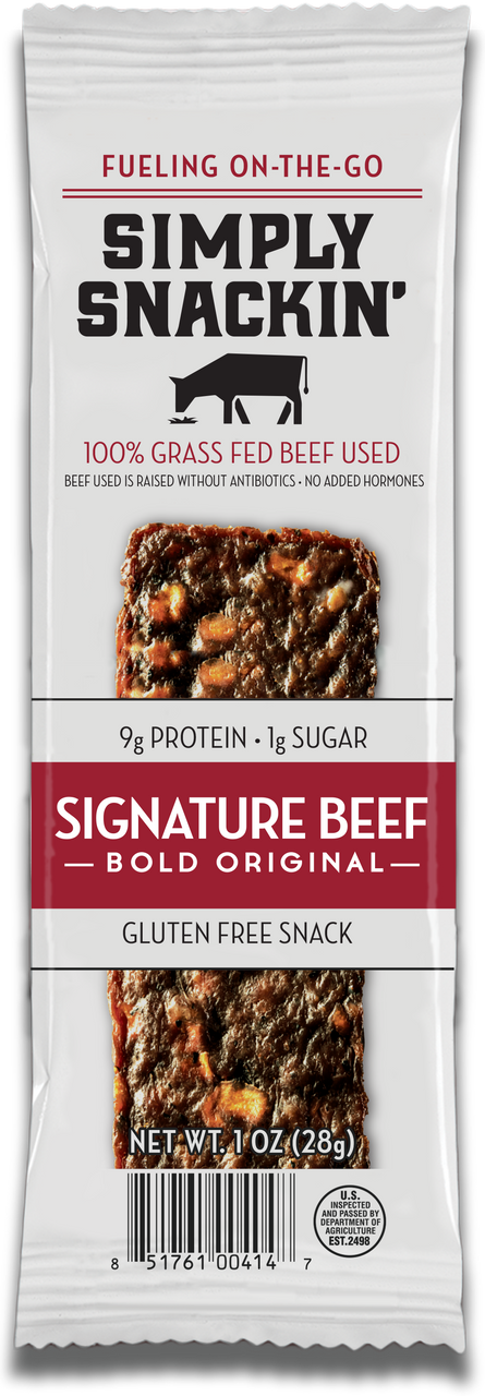 A packaged snack labeled "Simply Snackin' Signature Beef Bold Original," featuring a beef jerky product, highlighting its gluten-free status and made with 100% grass-fed beef.