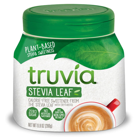 A container of Truvia Stevia Leaf sweetener features a green lid and label, highlighting its plant-based, calorie-free formula, alongside a cup of coffee with frothy milk.