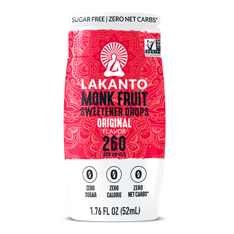 A bottle of Lakanto Monk Fruit Sweetener Drops in original flavor, featuring a vibrant red design, highlights its zero sugar, zero calorie, and zero net carbs benefits, with a capacity of 1.76 fluid ounces.