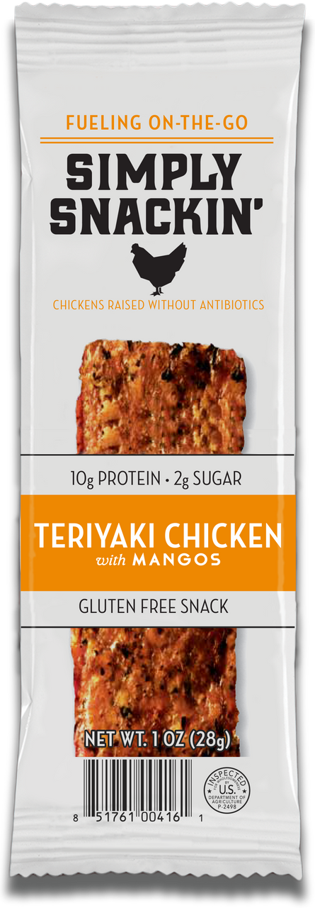 A packaged snack featuring a teriyaki chicken bar with mango, labeled "Simply Snackin'," highlighting its gluten-free status and protein content, set against a plain background.