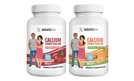 Two bottles of Bariatric Pal Calcium Citrate Plus 500 chewable tablets, one labeled cherry and the other orange, with illustrations of a man and woman standing beside each bottle.