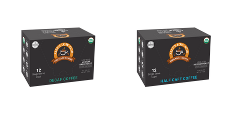 Two boxes of Alex's Low Acid Organic Coffee, one labeled "Decaf Coffee" and the other "Half Caff Coffee," each containing 12 single-serve cups, displayed against a black background.