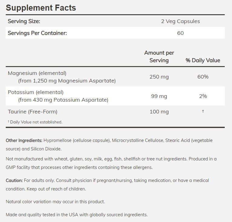 NOW Magnesium & Potassium Aspartate with Taurine 120 veg capsules 