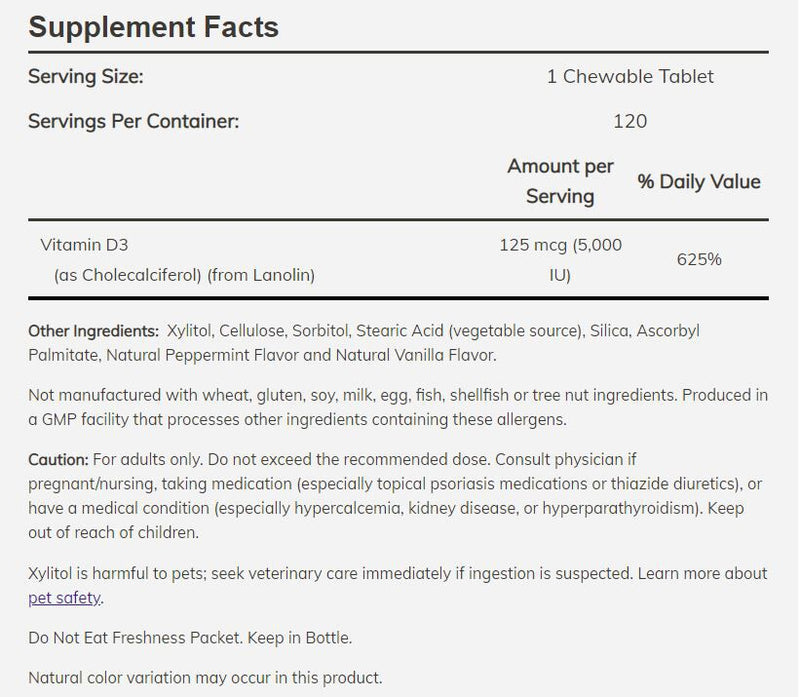 NOW Vitamin D-3, 5000 IU, Chewable 120 chewables 