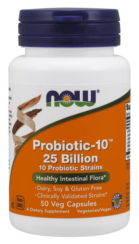 NOW Probiótico-10, 25 mil millones - 50 cápsulas vegetales