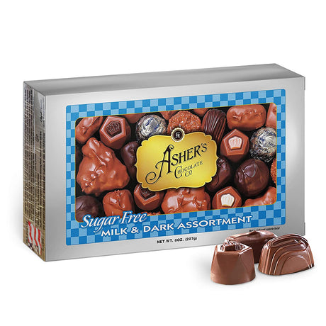 Caramelos sin azúcar de Asher's Chocolates - Surtido de chocolates con leche y chocolate negro (caja de 8 oz) / Un paquete