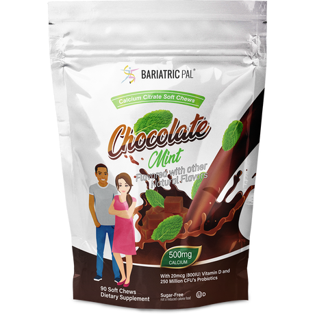 BariatricPal Chocolate Mint Calcium Citrate Soft Chews with 500 mg calcium, vitamin D, and probiotics. Sugar-free with 90 individually wrapped soft chews.