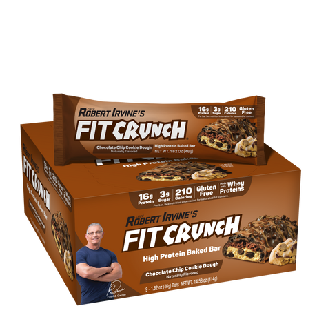 Robert Irvine's Fit Crunch Snack Size Whey Protein Baked Bar - One Box (9 Bars) / Chocolate Chip Cookie Dough