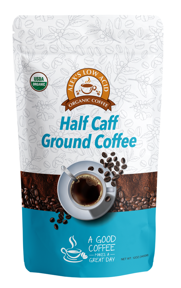 Alex's Low Acid Organic Coffee™ - Half Caff Fresh Ground (12oz) 