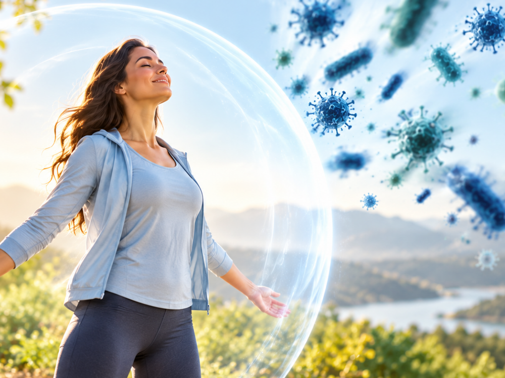 Woman surrounded by a glowing protective aura with virus particles in the background, symbolizing immune wellness and everyday health support.