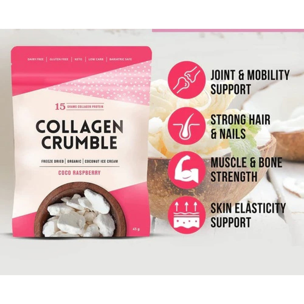 A pink and white package labeled "Collagen Crumble" features freeze-dried coconut ice cream with text highlighting benefits like joint support and skin elasticity, set against a light background.