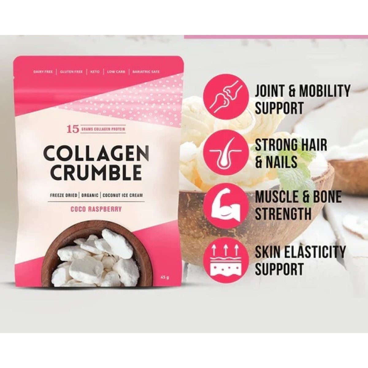 A pink and white package labeled "Collagen Crumble" features freeze-dried coconut ice cream with text highlighting benefits like joint support and skin elasticity, set against a light background.