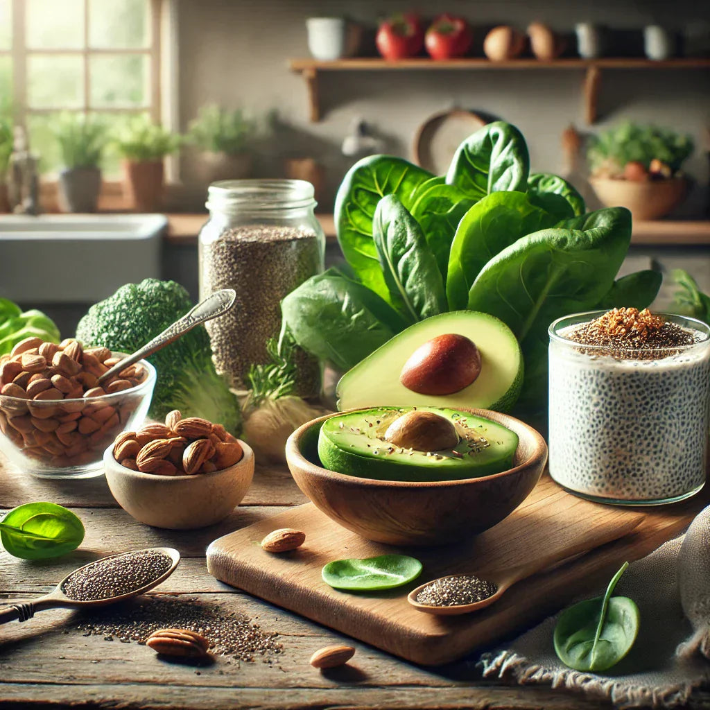 A wooden table displays a variety of healthy ingredients, including sliced avocado, spinach, almonds, chia seeds in a jar, and broccoli, with a bright kitchen setting in the background.