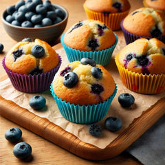 Freshly baked blueberry muffins are arranged on a wooden tray, with some muffins in colorful liners and a bowl of blueberries in the background, creating a cozy kitchen setting.