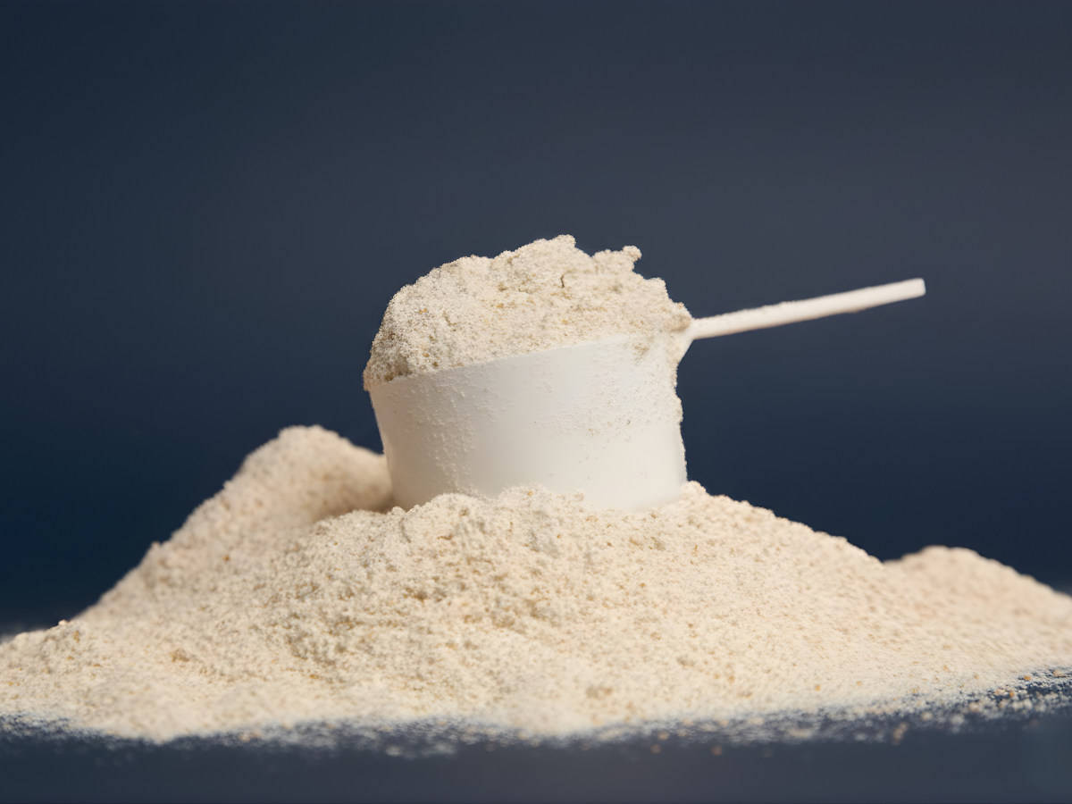 A white scoop is partially buried in a mound of protein powder, set against a dark blue background, emphasizing the product's texture and quantity for adult nutrition.