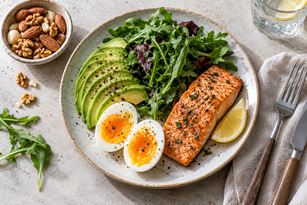 Salmon, eggs, avocado and greens on a plate beside mixed nuts