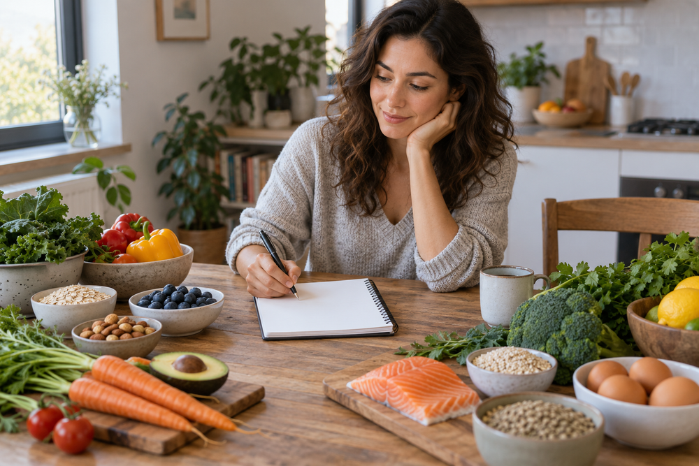 Woman planning meals at a kitchen table surrounded by varied foods