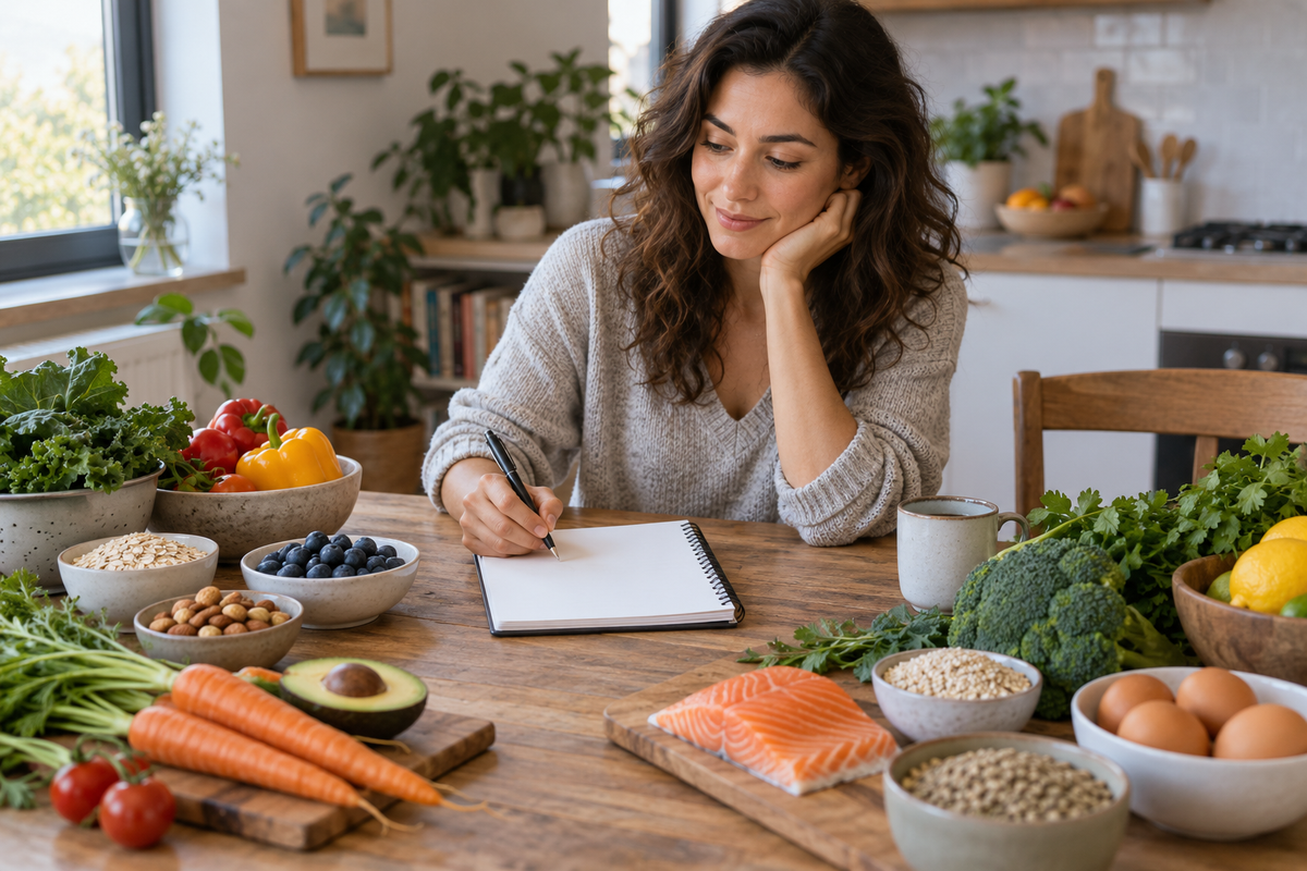 Woman planning meals at a kitchen table surrounded by varied foods