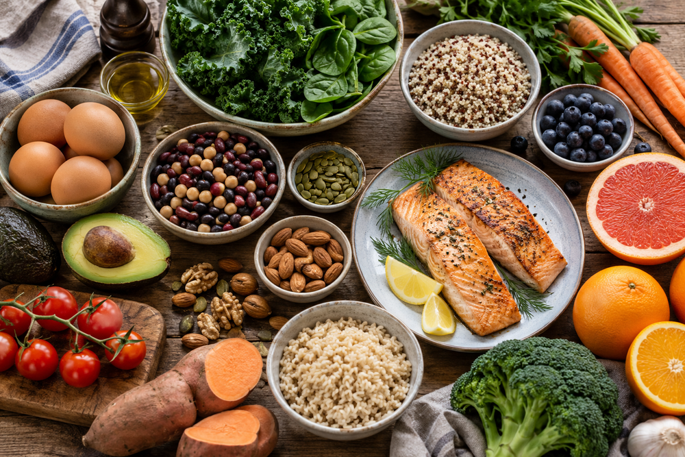 Leafy greens, beans, eggs, fish, grains, fruit and nuts arranged on a table