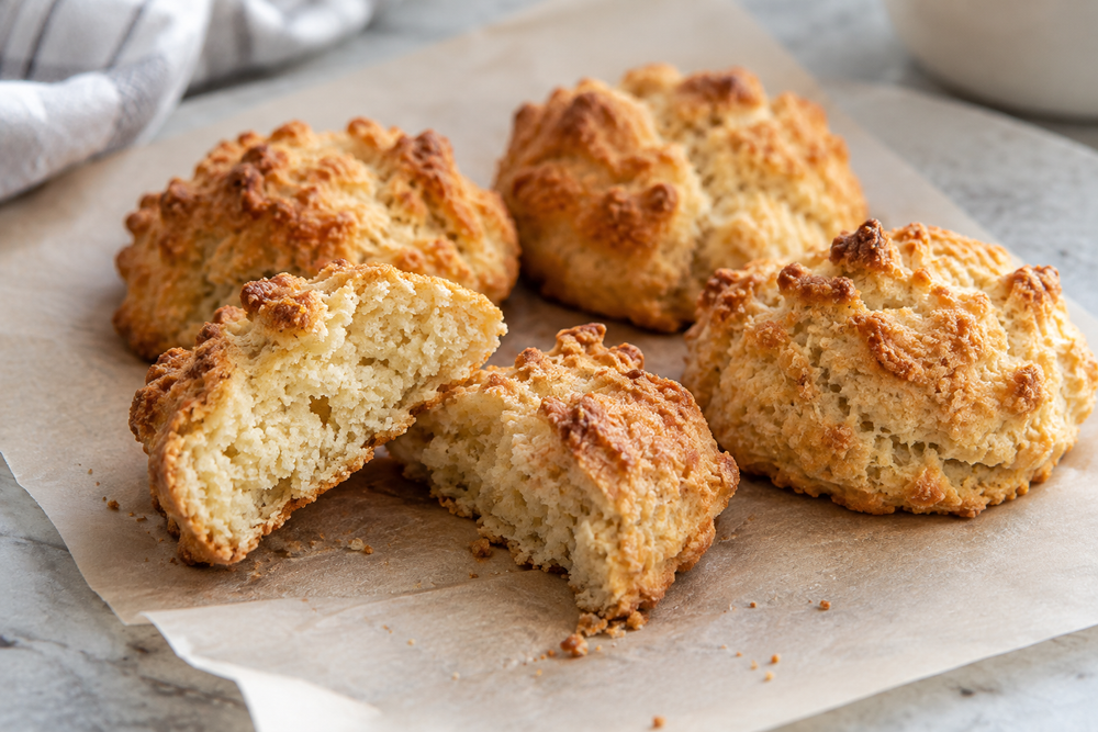 Rustic golden almond flour biscuits, one split to show the crumb.