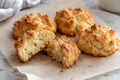 Rustic golden almond flour biscuits, one split to show the crumb.
