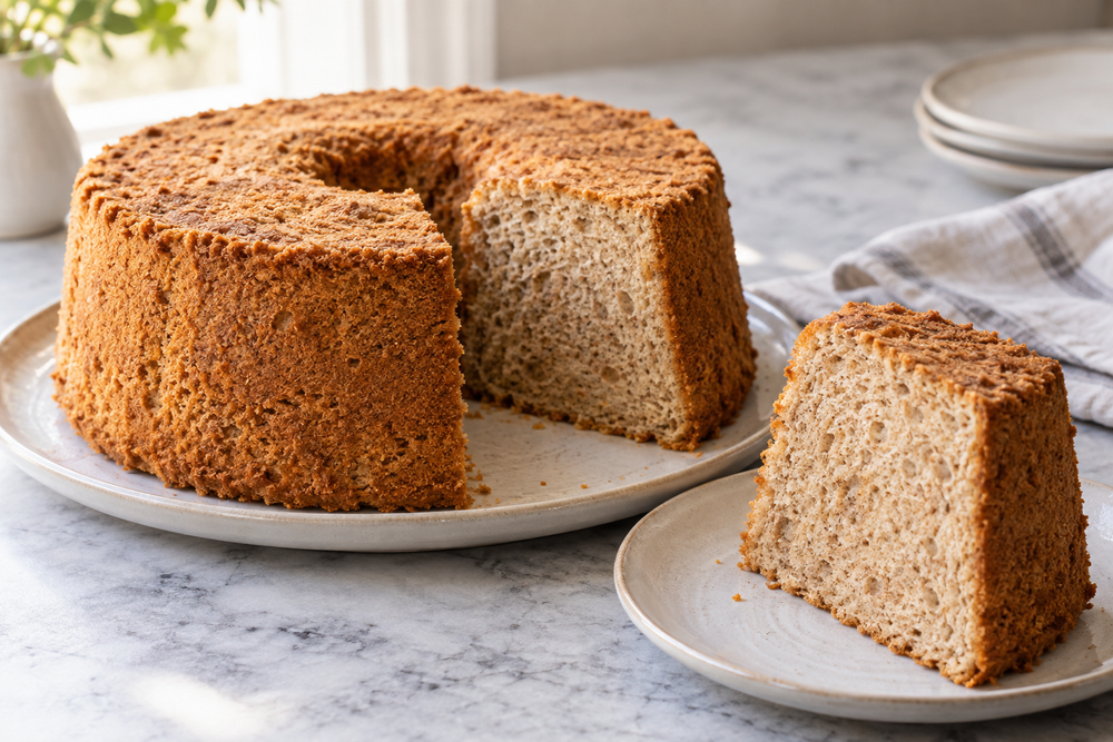 Angel spice chiffon cake with one slice removed.