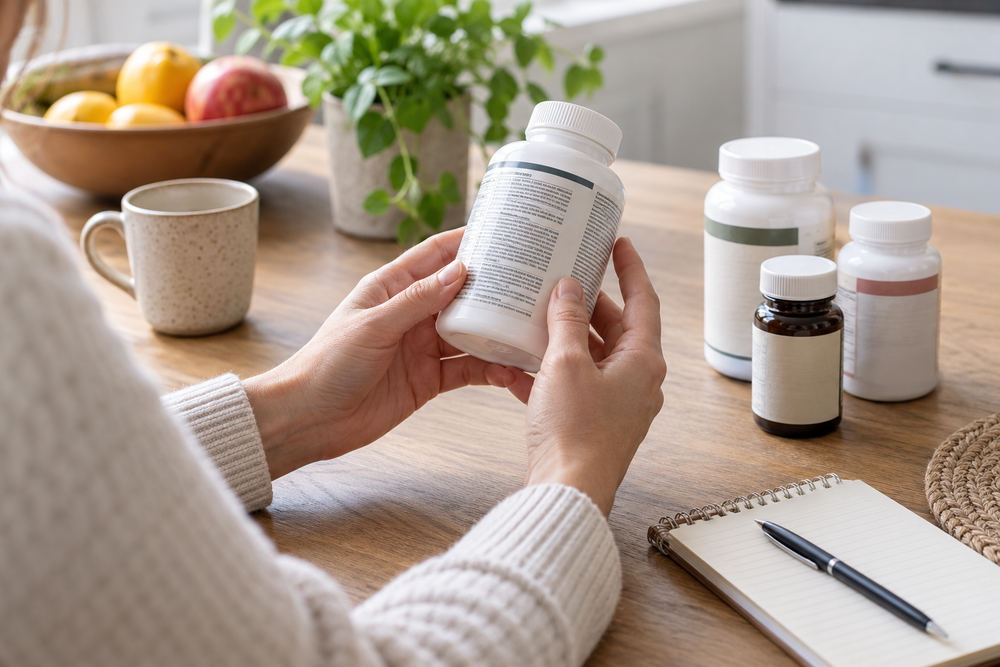 Person comparing the labels on several unbranded supplement bottles