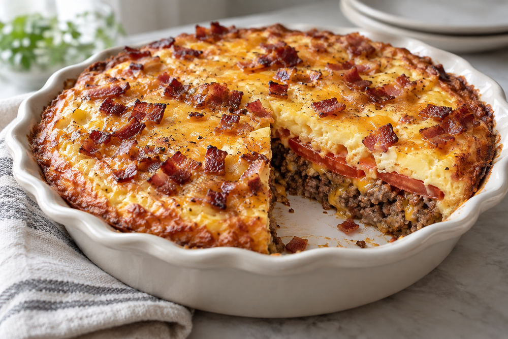 Bacon cheeseburger pie with a cut slice showing beef, tomato, cheddar and bacon.