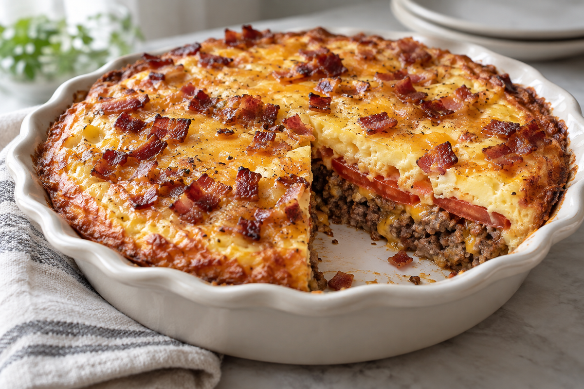 Bacon cheeseburger pie with a cut slice showing beef, tomato, cheddar and bacon.