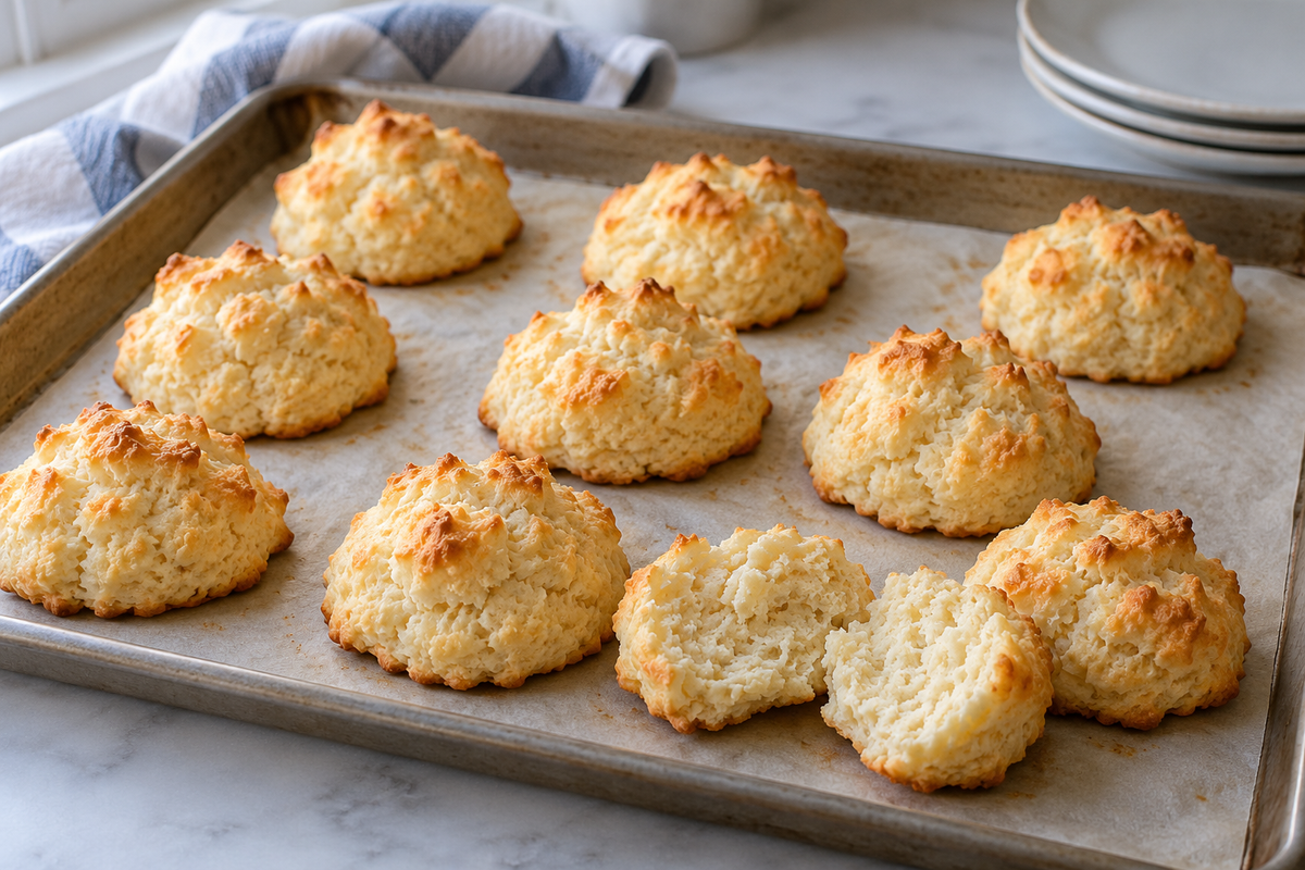 Small golden Bakesquick drop biscuits on a baking sheet.