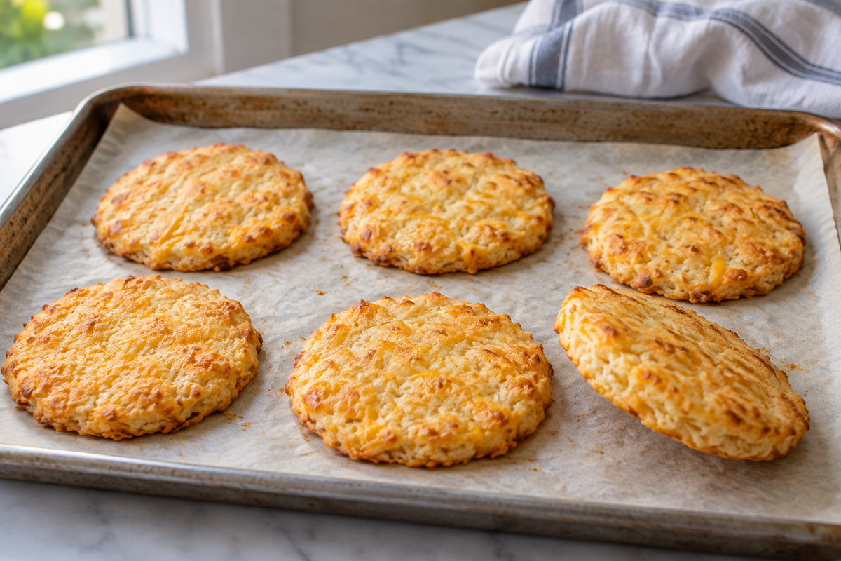 Flat golden cheddar cheese bread rounds on parchment.