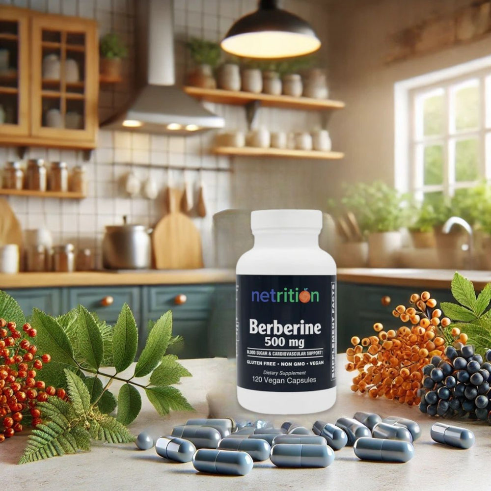 A bottle of Berberine capsules sits on a kitchen counter surrounded by green leaves and colorful berries, with wooden shelves and a window in the background, suggesting a natural health theme.