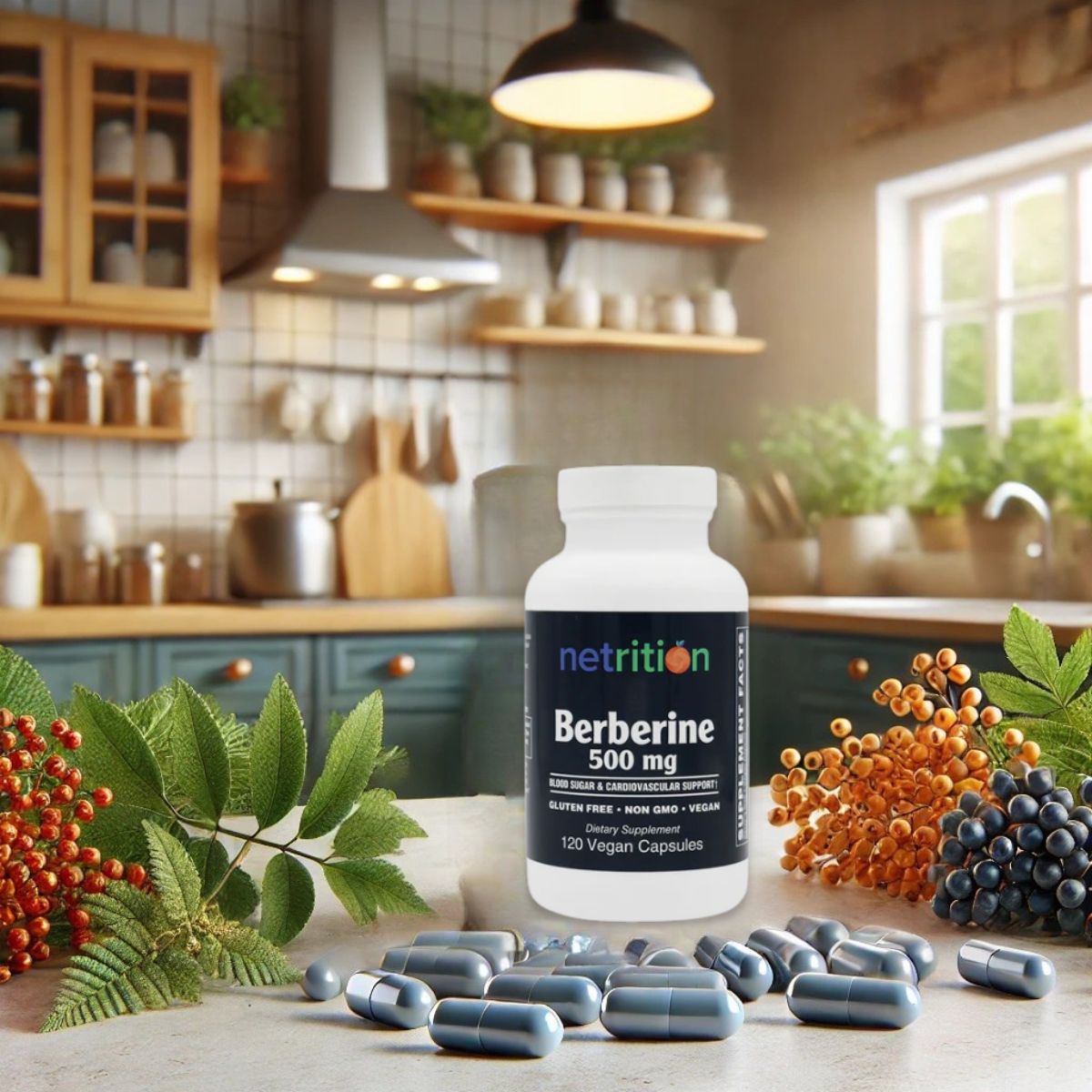 A bottle of Berberine capsules sits on a kitchen counter surrounded by green leaves and colorful berries, with wooden shelves and a window in the background, suggesting a natural health theme.