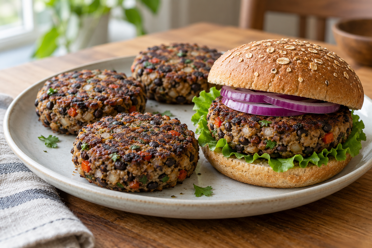 Black soy bean burger patties, with one served on a bun with red onion.