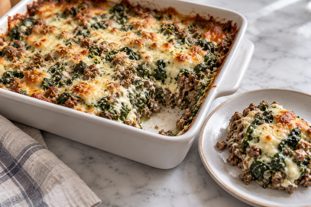 Ground beef and spinach casserole with browned creamy Parmesan topping.