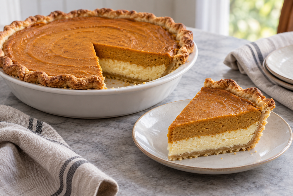 Pumpkin cheesecake pie with one slice showing two layers.