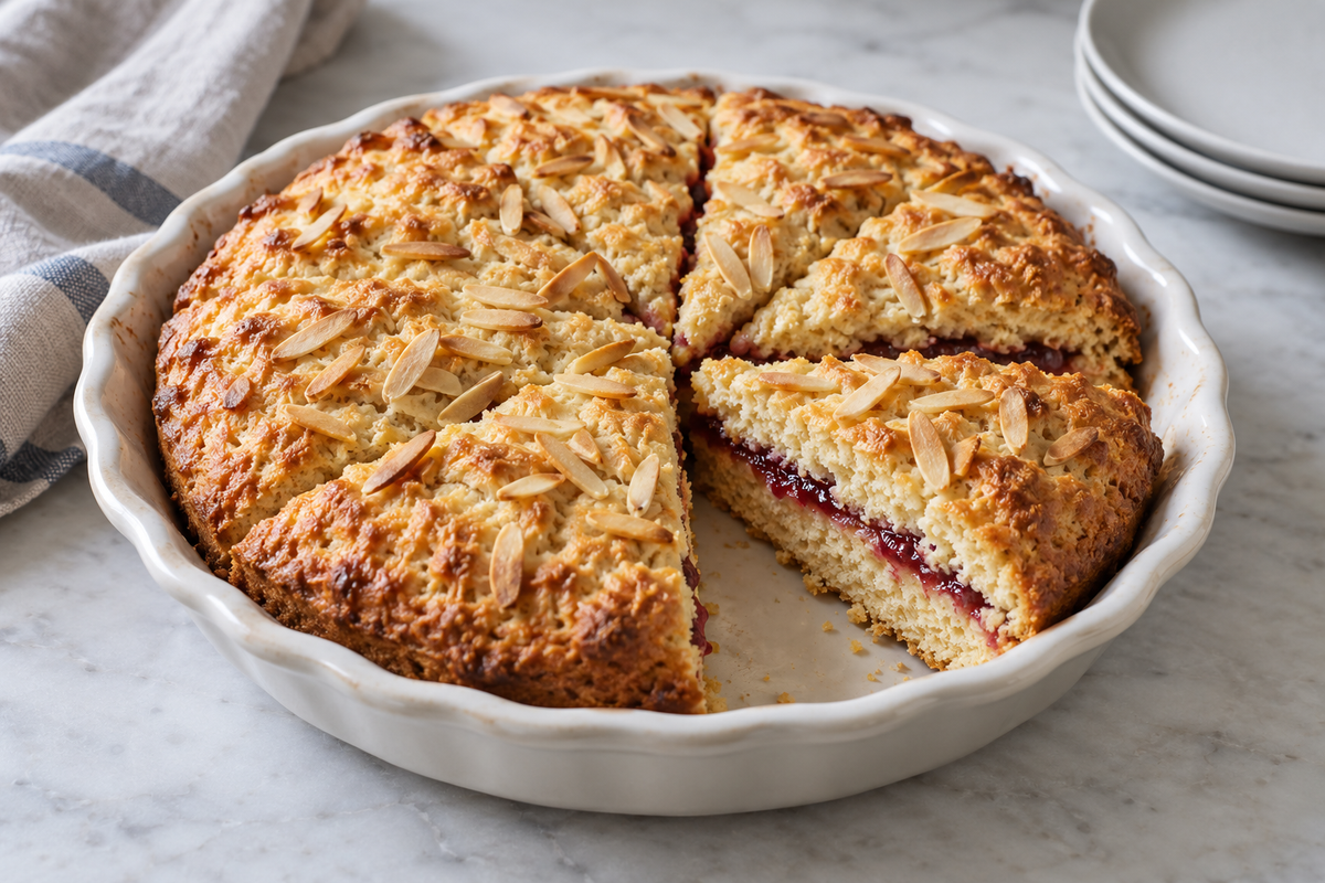 Jam-filled scone wedge with almonds on top.