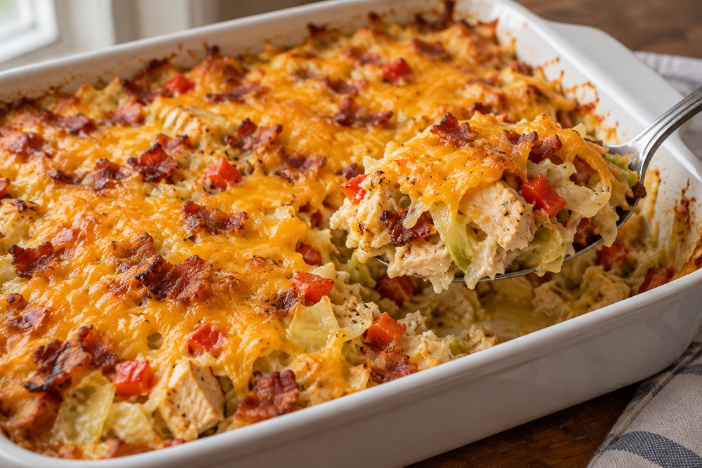 Cheesy chicken, bacon and cabbage casserole with a serving lifted from the dish.
