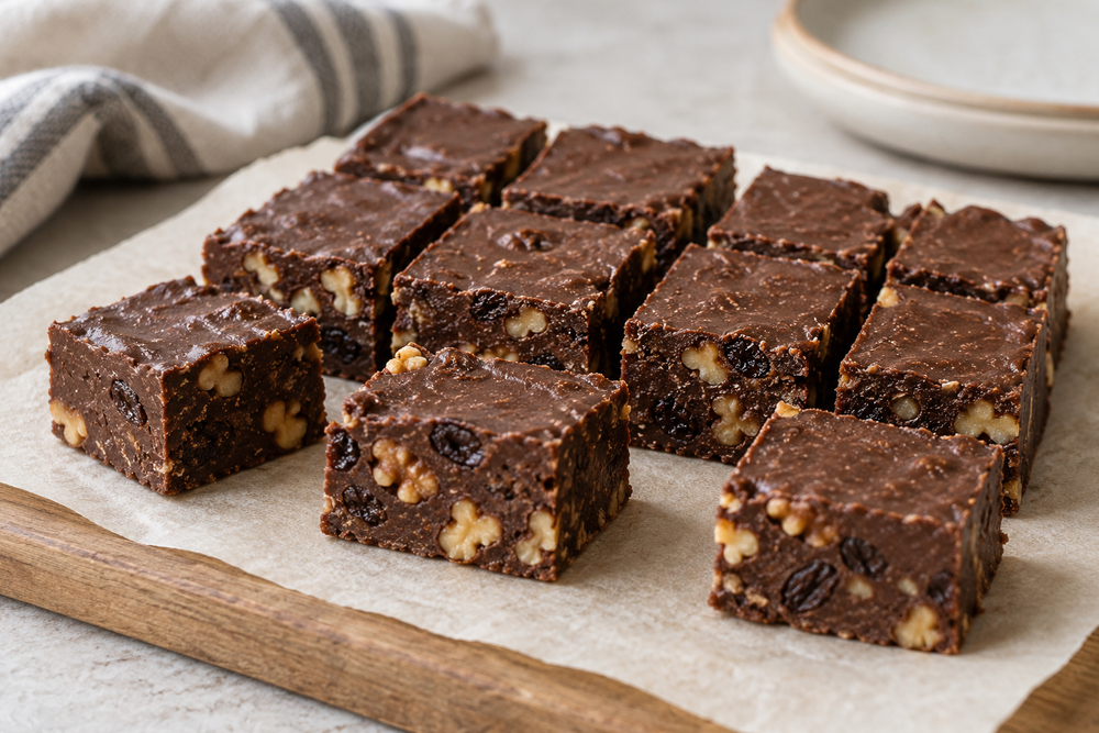 Chia fudge squares with visible walnuts and raisins.