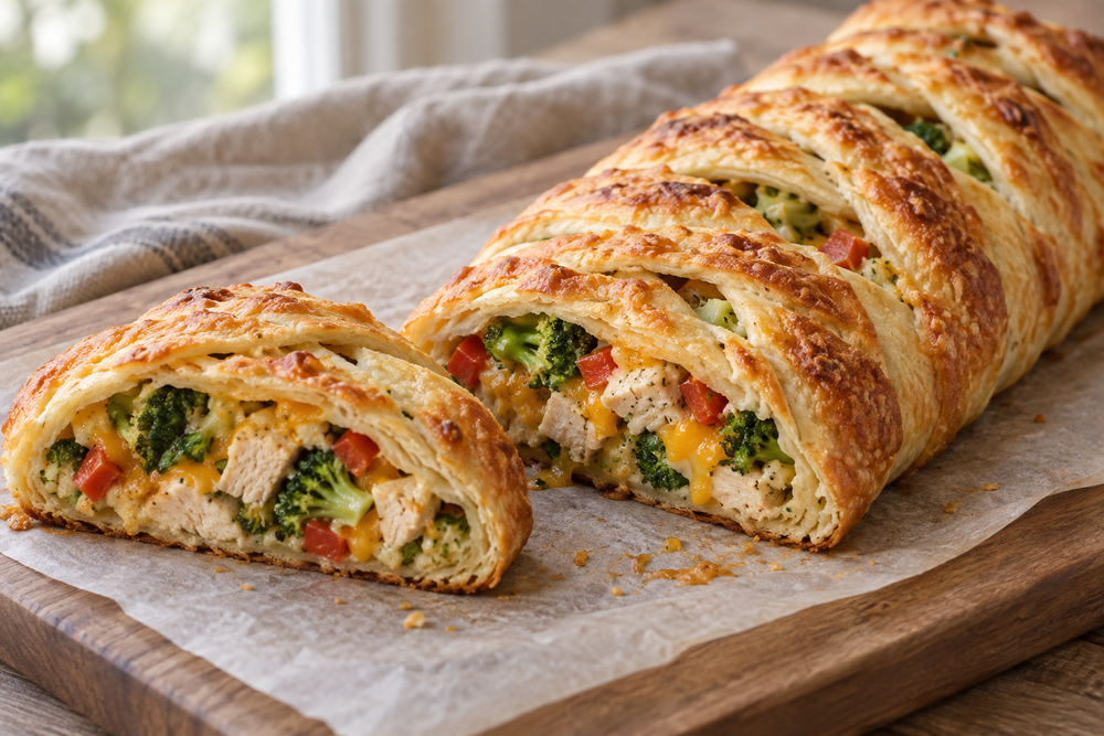 Braided chicken and broccoli pastry with a cut piece showing the filling.