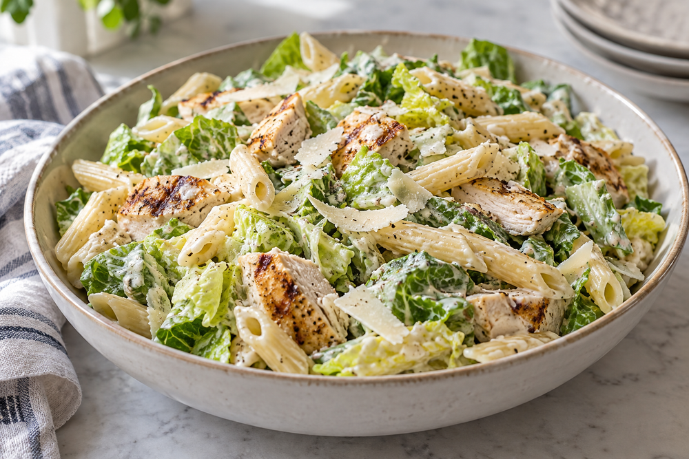 Chicken Caesar pasta salad with penne, romaine, grilled chicken and Parmesan.