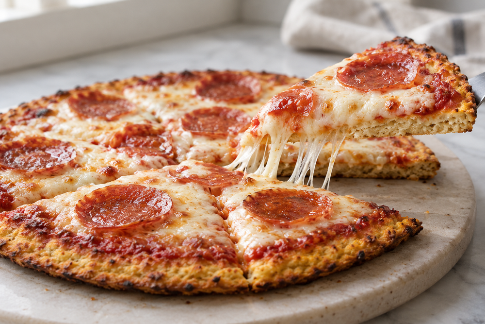 Pepperoni pizza with a thin chicken and cheese crust, one slice lifted.