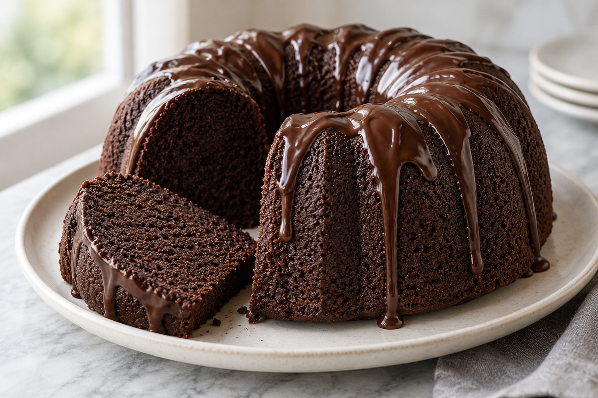 Chocolate mayonnaise pound cake with one slice removed.