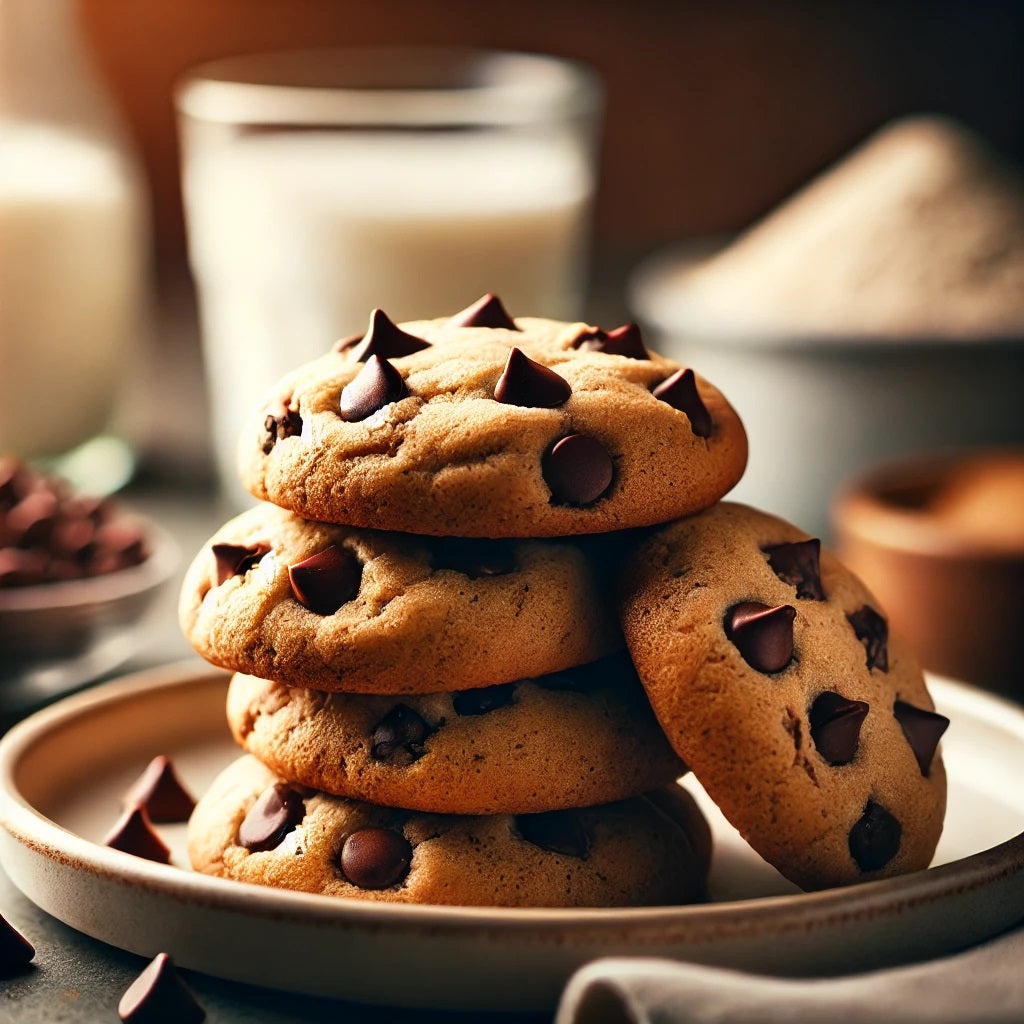Chewy, Sugar-Free Chocolate Chip Cookies stacked on plate