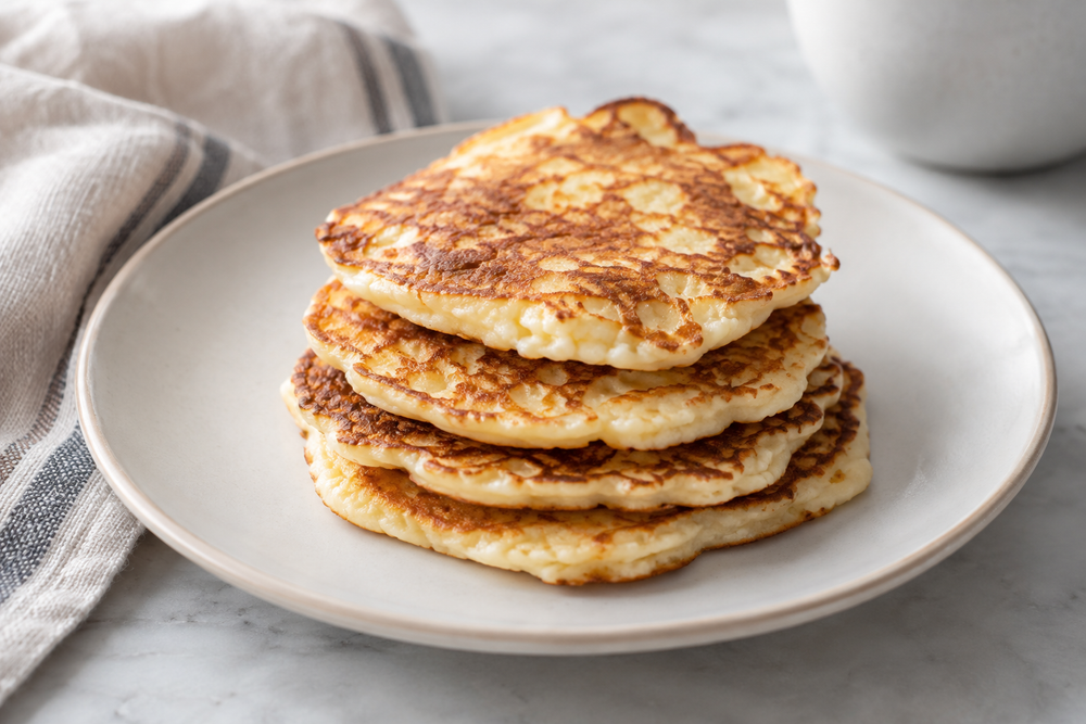 Four thin golden cream cheese pancakes on a plate.