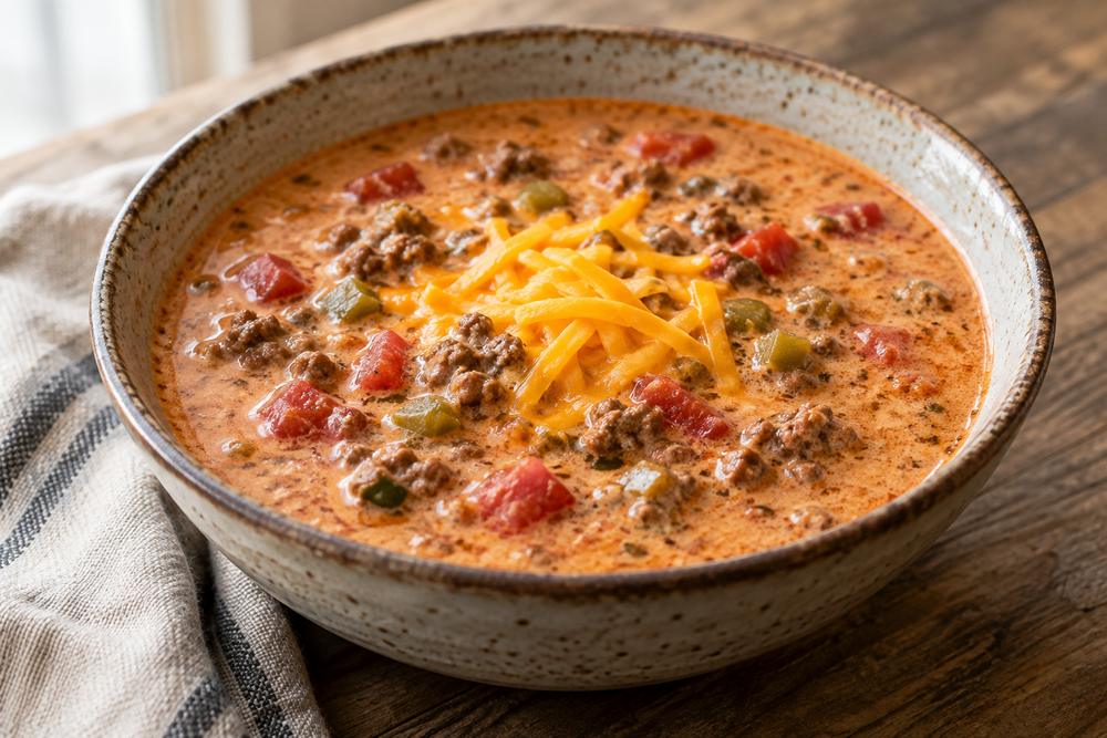 Creamy taco soup with ground beef, diced tomatoes, green chiles and cheddar.