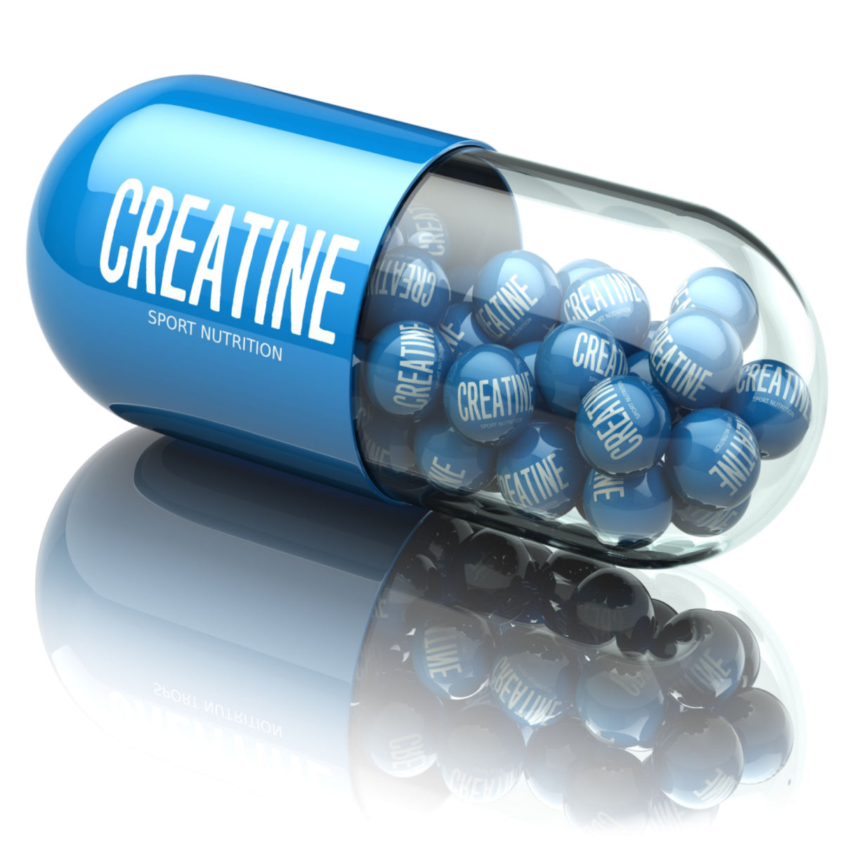 A large blue capsule labeled "CREATINE" contains smaller blue balls with the same label, resting on a reflective surface, emphasizing its use in sport nutrition.