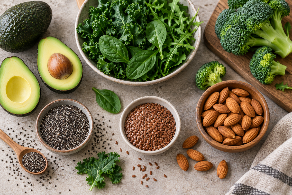 Avocado, leafy greens, broccoli, chia, flaxseeds and almonds