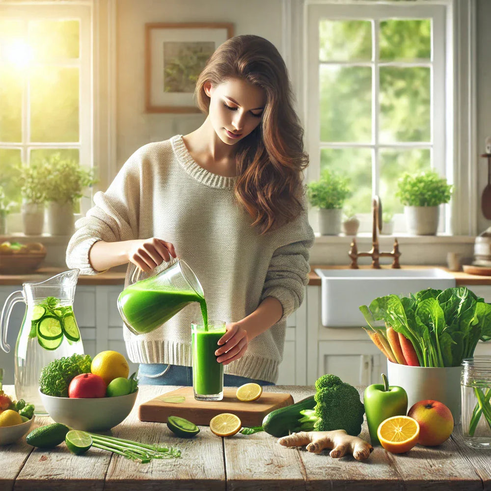 A woman in a cozy kitchen pours green juice from a pitcher into a glass, surrounded by fresh fruits and vegetables, emphasizing healthy detoxification.